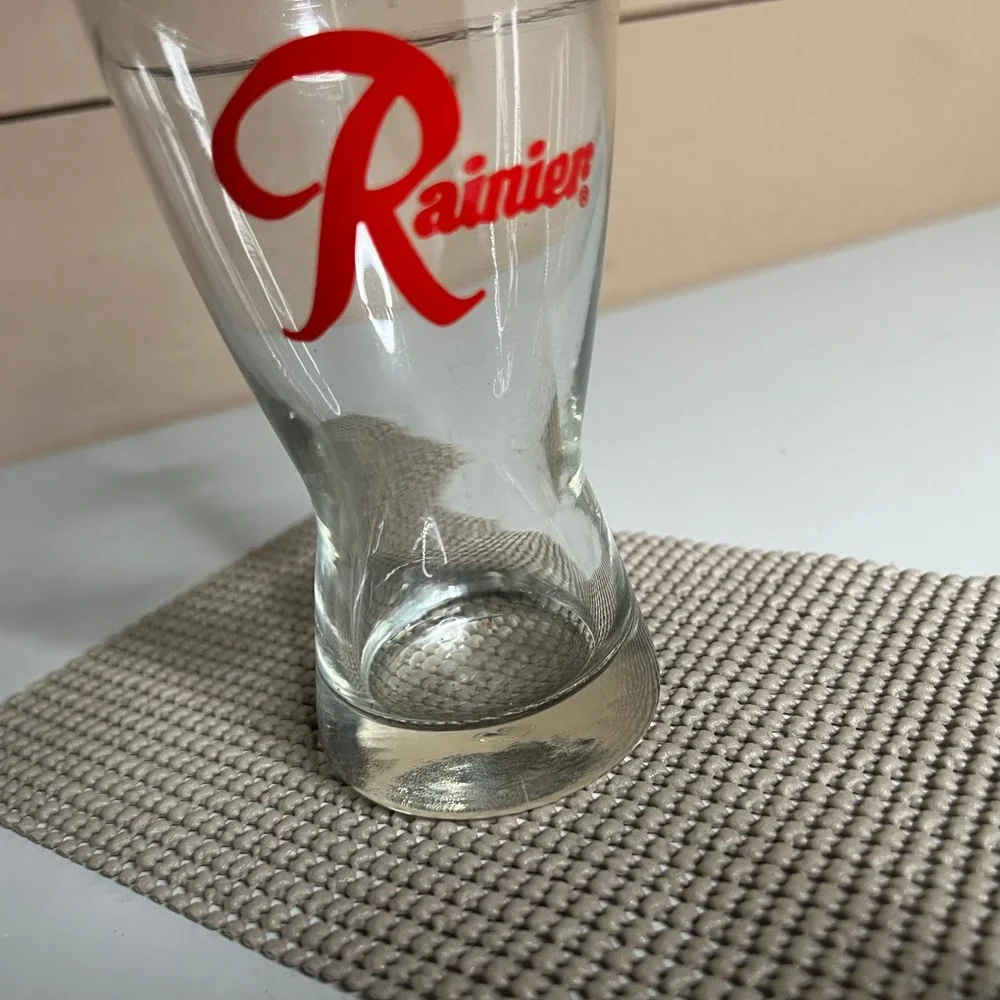 Rainier Beer Shot Glass Clear Red Script Logo Pilsner Style Barware Collectible